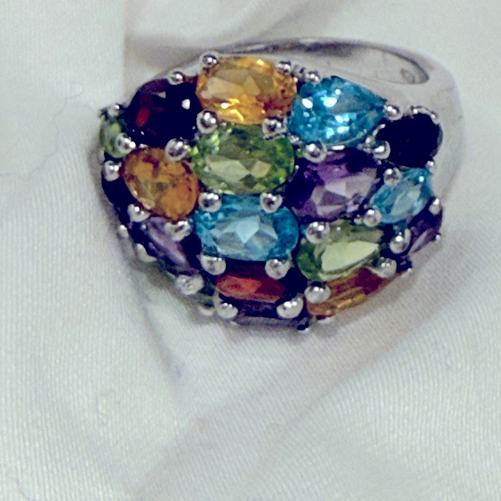 Sterling Silver Multi Gemstone Dome Ring Size 6
